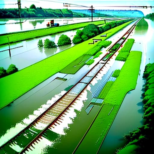  the train goes on flooded tracks in a field filled with water,