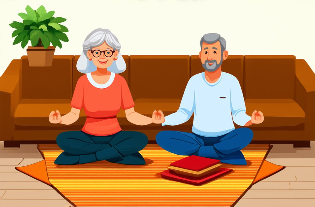  cute old lady and man sitting on the rug and meditating. style flat illustration ar 3:2 {prompt}, maximum details