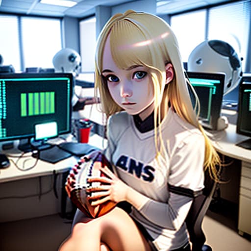  a beautiful girl with blonde hair in a white football with the words "dns", sitting in front of monitors in the office room