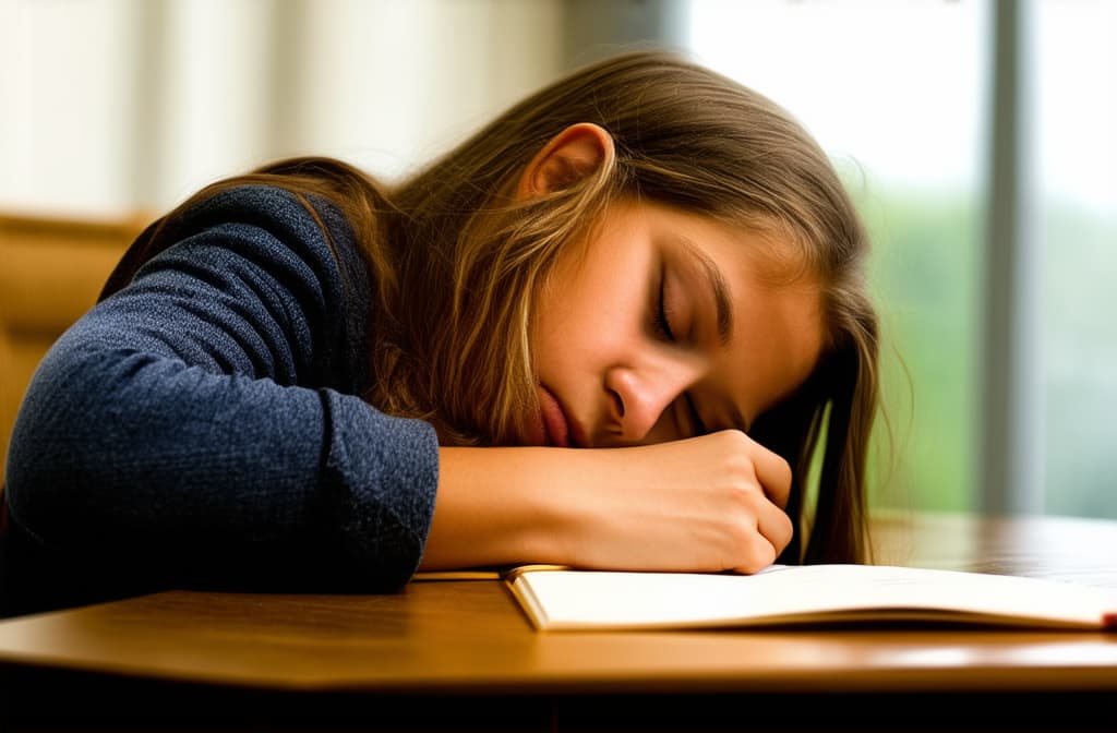  a girl of primary school age sits at a desk doing her homework, is tired and falls asleep, resting her head on the desk and closing her eyes. , (natural skin texture), highly detailed face, depth of field, hyperrealism, soft light, muted colors