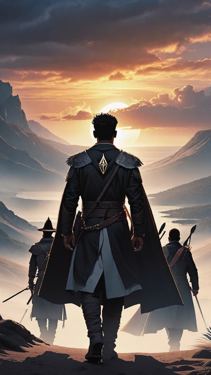  thiago and the surviving members of the shadow tribe, now united, walking together towards a bright, peaceful horizon, leaving the darkness behind.