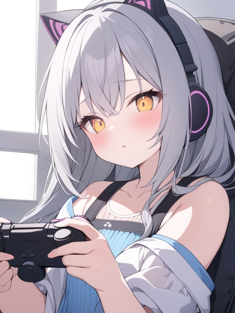  cat ear headphones, girls, cute, gamers, games controllers, gray hair, purple and yellow eyes, loli, masterpiece, best quality,8k,ultra detailed,high resolution,an extremely delicate and beautiful,hyper detail