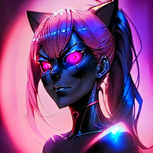  a close up of a person with blue hair, metal cat ears and glowing eyes, anime picture, deep crimson and dark shadows, perfect female body silhouette, bitcoin evil, ((pink)), style of madhouse anime, portrait of evil girl, it is night, looming head