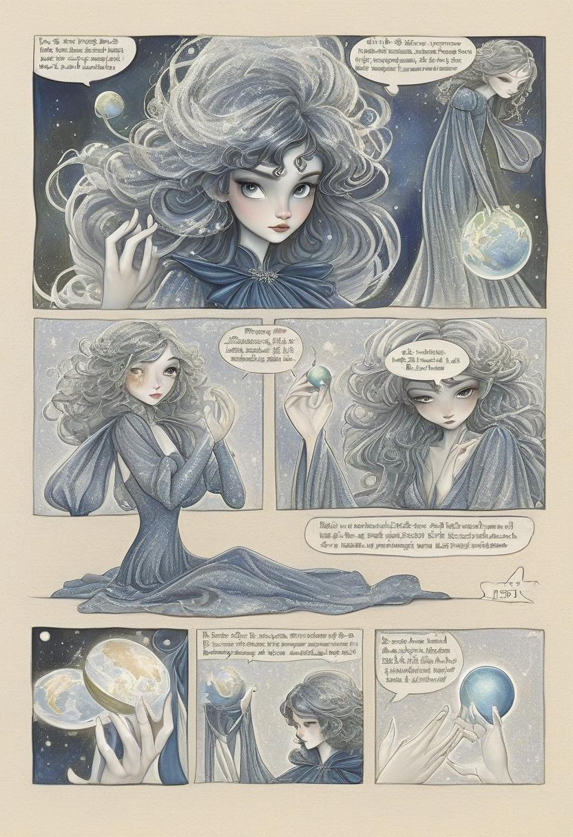  fairy tale enchantress in dark blue shimmering evening dress with airy long sleeves holding a small planet. her dark wavy hair is loose. photorealism. looking directly into the camera. . magical, fantastical, enchanting, storybook style, highly detailed, hkmagic, perfect hands