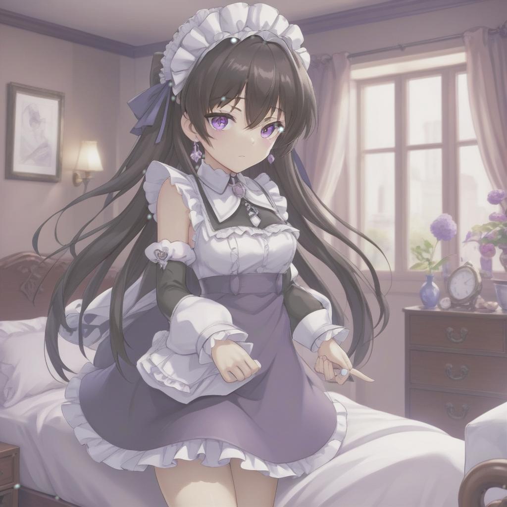  anime artwork , 20 year, dark hair, hair folded into a bundle, purple eyes, open maid's outfit, cutout on the , small silver earrings, bedroom . anime style, key visual, vint, studio anime, highly detailed