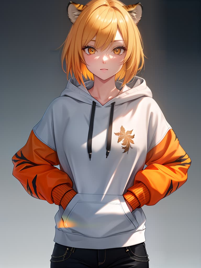  short bob, boyish, hoodie, upper body only, skinny pants, orange eye, women, tiger, blonde, masterpiece, best quality,8k,ultra detailed,high resolution,an extremely delicate and beautiful,hyper detail hyperrealistic, full body, detailed clothing, highly detailed, cinematic lighting, stunningly beautiful, intricate, sharp focus, f/1. 8, 85mm, (centered image composition), (professionally color graded), ((bright soft diffused light)), volumetric fog, trending on instagram, trending on tumblr, HDR 4K, 8K