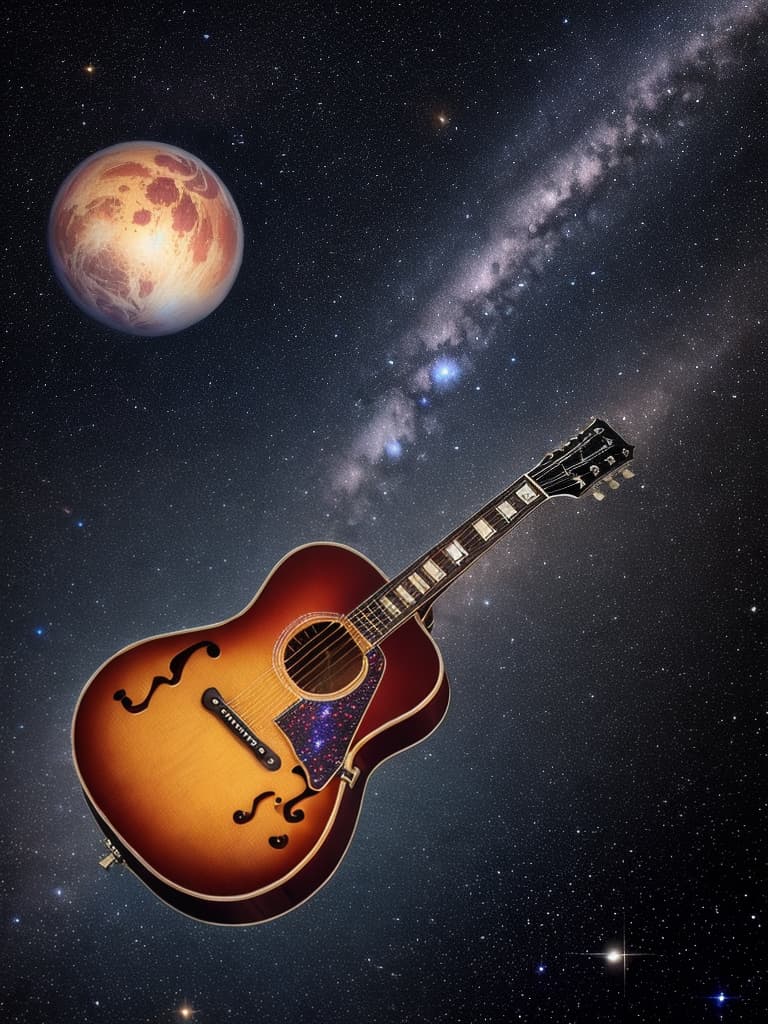  In intricate detailed of a beautiful Gibson Let's Paul guitar floating in outer space, milky way, stars, planets very vibrant colors