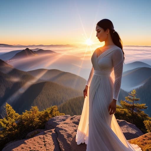  an image of a woman standing on a mountain peak at sunrise, her hands in prayer position, with soft light rays extending from her heart center. the sky is awash with warm colors, and faint symbols of sacred mantras, like om or other sanskrit syllables, are gently woven into the light rays, symbolizing the transformative energy emanating from within. hyperrealistic, full body, detailed clothing, highly detailed, cinematic lighting, stunningly beautiful, intricate, sharp focus, f/1. 8, 85mm, (centered image composition), (professionally color graded), ((bright soft diffused light)), volumetric fog, trending on instagram, trending on tumblr, HDR 4K, 8K