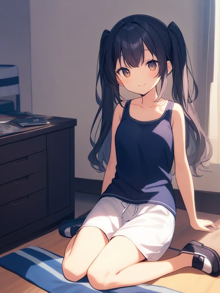  girls, twin tails, cute smiles, old school swimwear (dark blue, simple), girl's room,