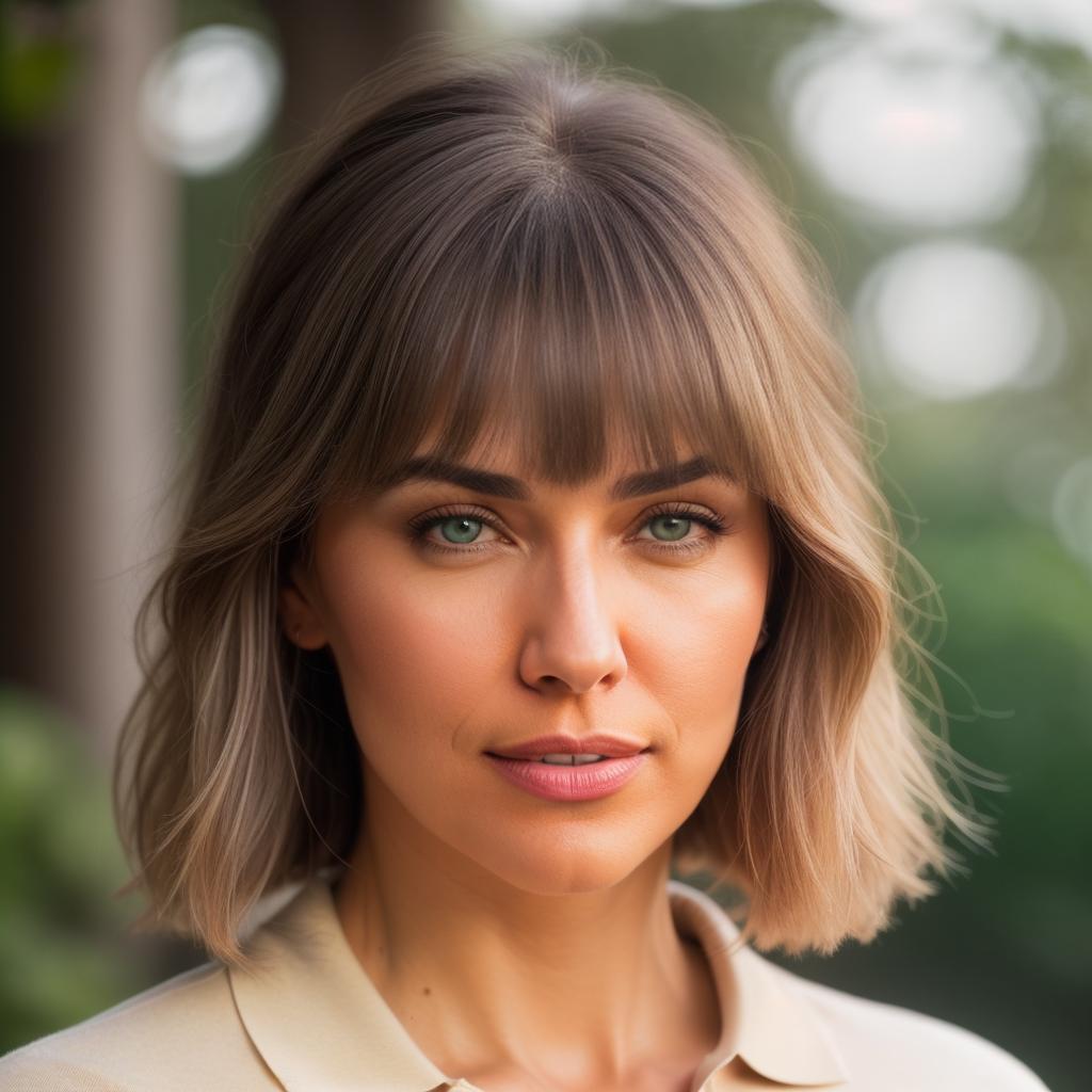  (((realistic full torso frontal head shot of a light beige to medium tan skin tone woman))), liselotte jane winkler, ((caucasian heritage)), immature face, brown eye color, ((bangs hair style)), (( hair color)), (( body type)), small size, big size, (immature flat nose), (immature defined cheekbones), (immature angular jawline), (immature full lips), (immature wide forehead), (immature even eyebrows), (immature dimpled chin), standing straight looking directly into the camera,((wearing fitted polo shirt with deep v neck and monogrammed pocket)), backyard in background, 1, best quality, highest quality, award winning photo, masterpiece, raw, professional photography, photorealism, sharp focus, cinematic, hi hyperrealistic, full body, detailed clothing, highly detailed, cinematic lighting, stunningly beautiful, intricate, sharp focus, f/1. 8, 85mm, (centered image composition), (professionally color graded), ((bright soft diffused light)), volumetric fog, trending on instagram, trending on tumblr, HDR 4K, 8K