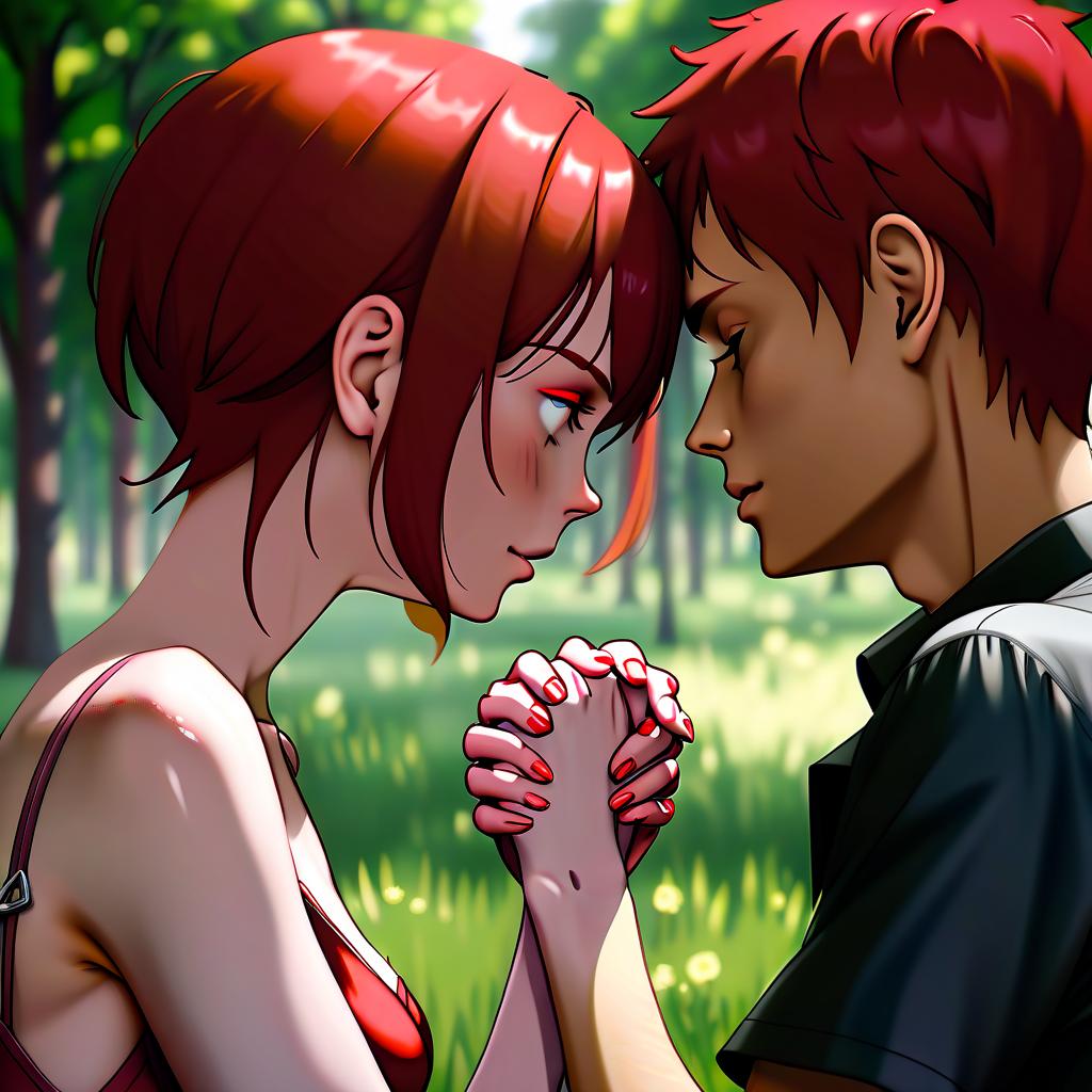   with red hair on her shoulders with gles. looks at me sideways. we're holding hands. we're holding hands