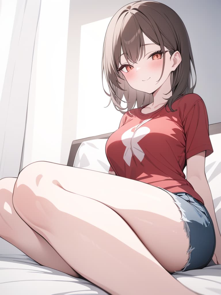  brown hair girl, smile, red t shirt, denim shorts, bed, sitting, masterpiece, best quality,8k,ultra detailed,high resolution,an extremely delicate and beautiful,hyper detail