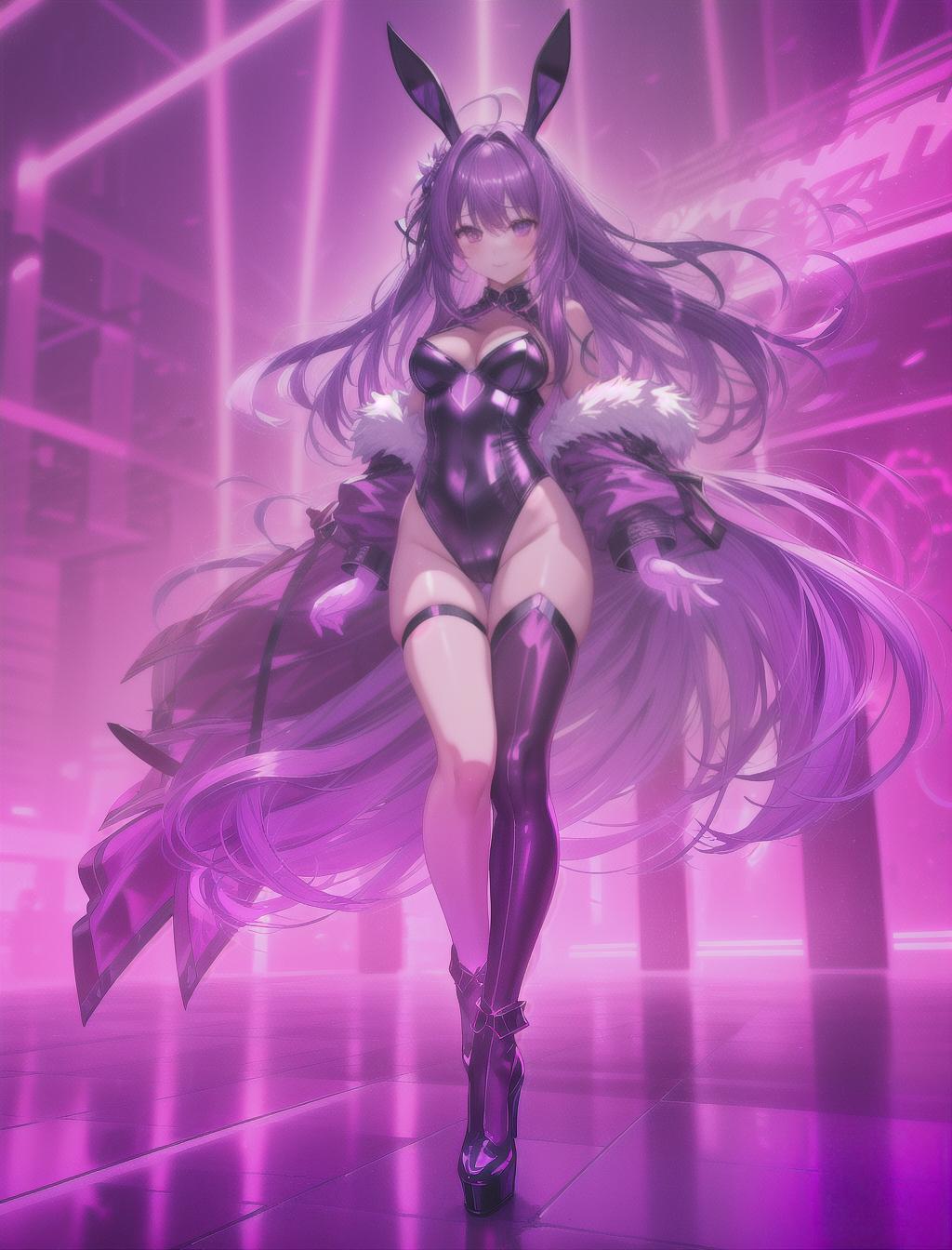  masterpiece, best quality, solo, long purple hair, neon purple eyes, thigh highs, heels, bunny female, red neon light background, full body