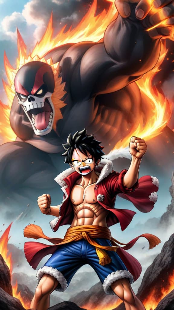  one piece luffy grinning, fist enlarged, glowing with sun power, facing akainu's devastating magma attack, anime art hyperrealistic, full body, detailed clothing, highly detailed, cinematic lighting, stunningly beautiful, intricate, sharp focus, f/1. 8, 85mm, (centered image composition), (professionally color graded), ((bright soft diffused light)), volumetric fog, trending on instagram, trending on tumblr, HDR 4K, 8K