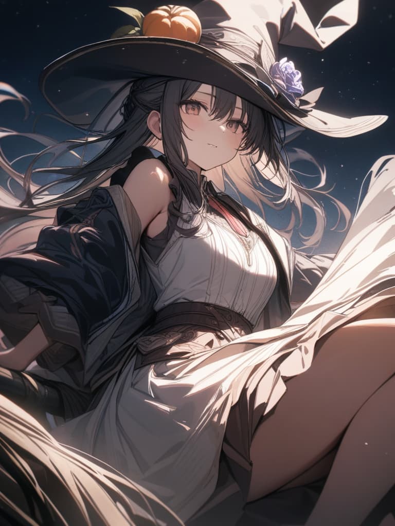  witch, girl, hat, hair fluttering, flying in the sky, sitting on a broom, riding on a broom, holding down the hat by hand, masterpiece, best quality,8k,ultra detailed,high resolution,an extremely delicate and beautiful,hyper detail