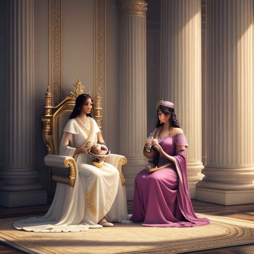  Two women standing before King Solomon in a grand throne room, each holding a baby, with a tense expression on their faces. Solomon sits on a majestic throne, observing them carefully hyperrealistic, full body, detailed clothing, highly detailed, cinematic lighting, stunningly beautiful, intricate, sharp focus, f/1. 8, 85mm, (centered image composition), (professionally color graded), ((bright soft diffused light)), volumetric fog, trending on instagram, trending on tumblr, HDR 4K, 8K