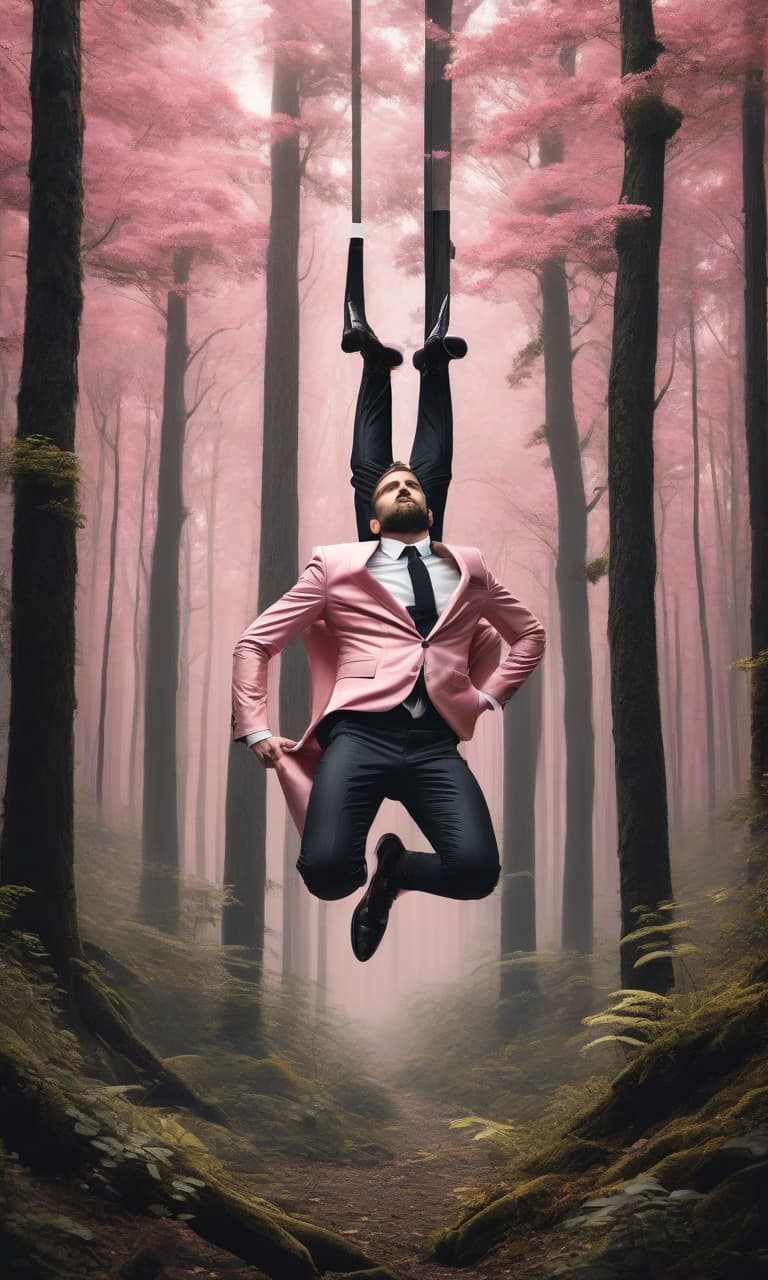  concept art color pink, white, black, gold forest man in a stacked suit in a strip suspended by his legs upside down . digital artwork, illustrative, painterly, matte painting, highly detailed, perfect hands