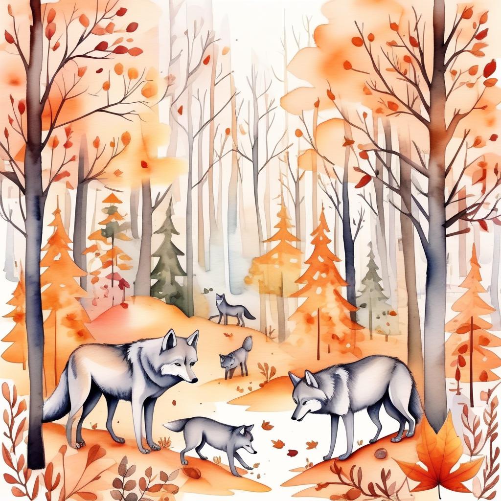  typographic art (painted) (watercolor) cute autumn forest background, autumn forest, soft shades, thin (ink outlines), objects on the edges of the sheet, empty middle, many details, masterpiece, harmonious composition, pack of wolves . stylized, intricate, detailed, artistic, text based