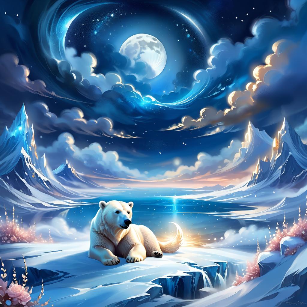  ethereal fantasy concept art of your neighbours are asleep the polar bears, sleep fast, too, little one. the clouds are breaking and the moon like a fish # and the moon like a fish and above it, glittering, like a pack of ice (style):fantasy, fairy tale, dream, magic, clouds, softness, polar lights, (colours):white, soft blue, dark blue, golden, rose gold, bluish silver. . magnificent, celestial, ethereal, painterly, epic, majestic, magical, fantasy art, cover art, dreamy