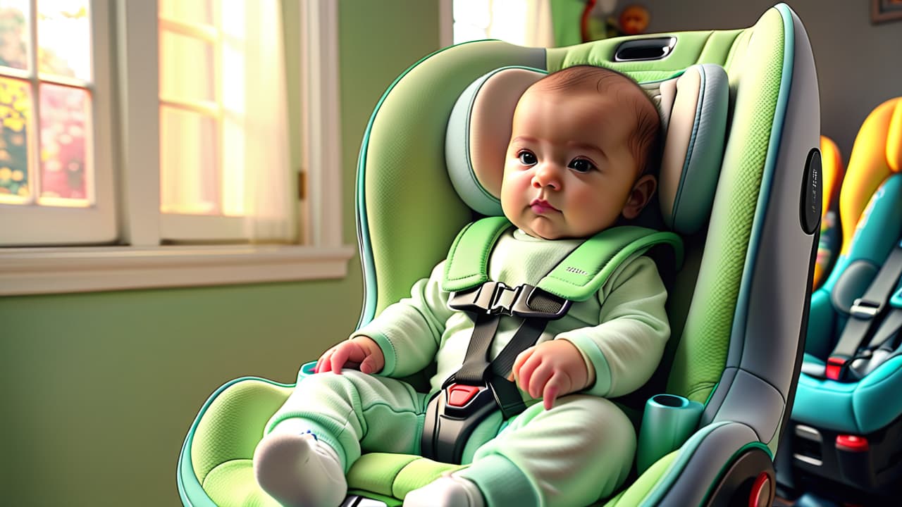  a cozy nursery scene featuring a convertible car seat beside a . soft pastel colors, a gentle light filtering in, and gear reviews scattered around, showcasing the transition from infant to . hyperrealistic, full body, detailed clothing, highly detailed, cinematic lighting, stunningly beautiful, intricate, sharp focus, f/1. 8, 85mm, (centered image composition), (professionally color graded), ((bright soft diffused light)), volumetric fog, trending on instagram, trending on tumblr, HDR 4K, 8K