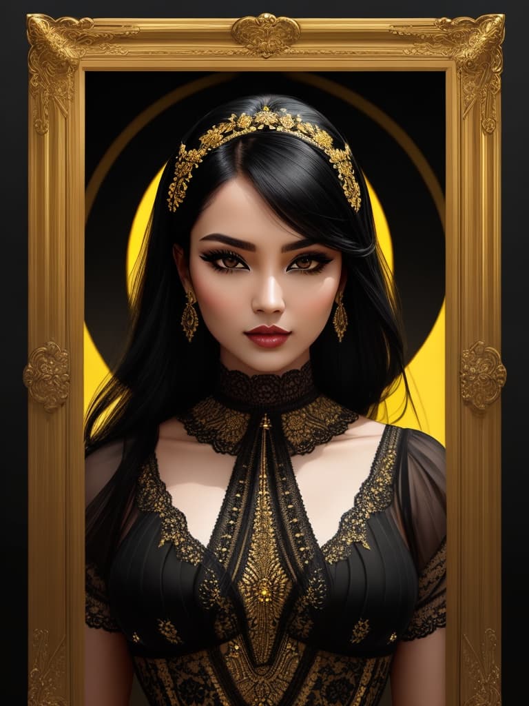  Golden yellow and sleek black color palette, captivating and inviting expression, exuding elegance and charm, magnetic beauty, intricate details, high contrast, luxurious feel, digital art, female, glossy finish, striking composition, dynamic lighting to enhance features.