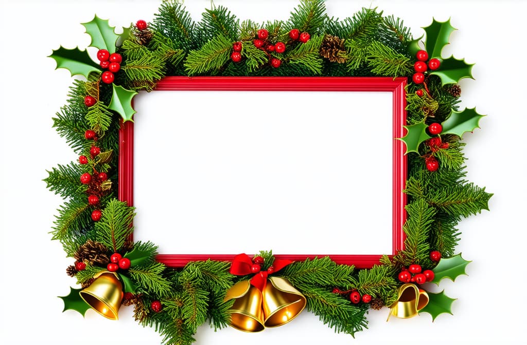  professional detailed photography, overhead view of a christmas style picture frame adorned with holly leaves red berries and golden bells featuring a festive red and green border isolated on a white background ar 3:2, (muted colors, dim colors, soothing tones), (vsco:0.3)