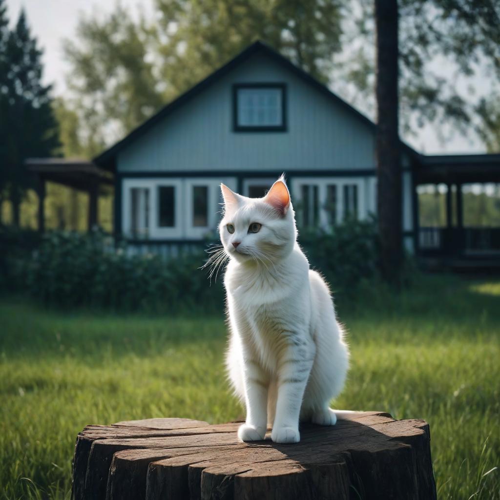  photo of a large white, yard, beautiful cat that teaches its kitten to jump on a high stump. the foam stands in the grass, behind all this is the wall of the country house. these trainings take place every day, they jump many times like in a training center. photo positive, mood to win, cinematic film style, shallow depth of field, vignette, highly detailed, high budget, bokeh, cinemascope, moody, epic, gorgeous, film grain, grainy