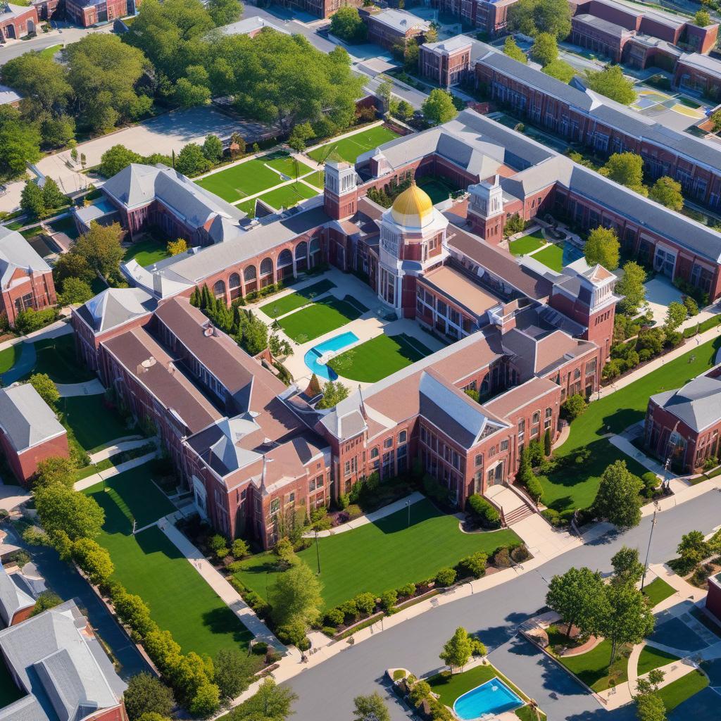  aerial view of a wealthy high school with outdoor courtyard and multi level arches with a grand entrance curb appeal , mystical style