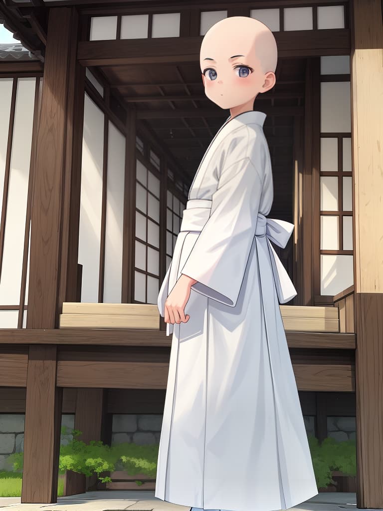  masterpiece、cute monk boy,small boy,skinhead,(white kimono),( black hakama)、ikkyu,anime,