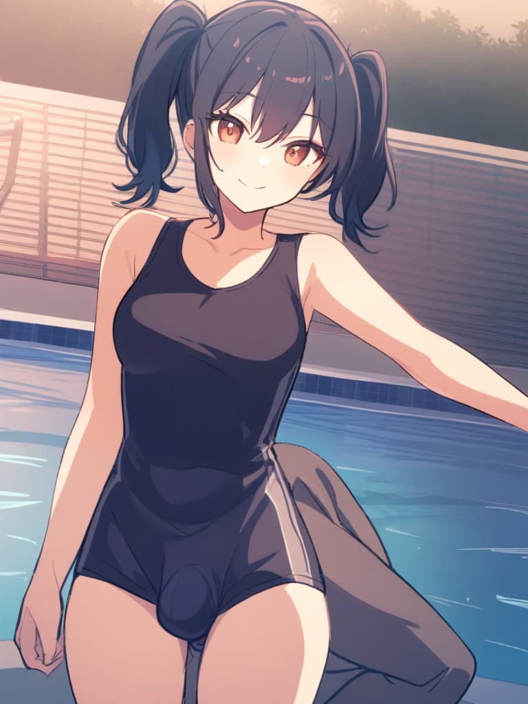  women's elementary students (with male), twin tails, cute smiles, rich s, low stature, dark blue swimwear, old swimwear, , simple, , area,, and, male (bulge), front, whole body, pool side ,,,