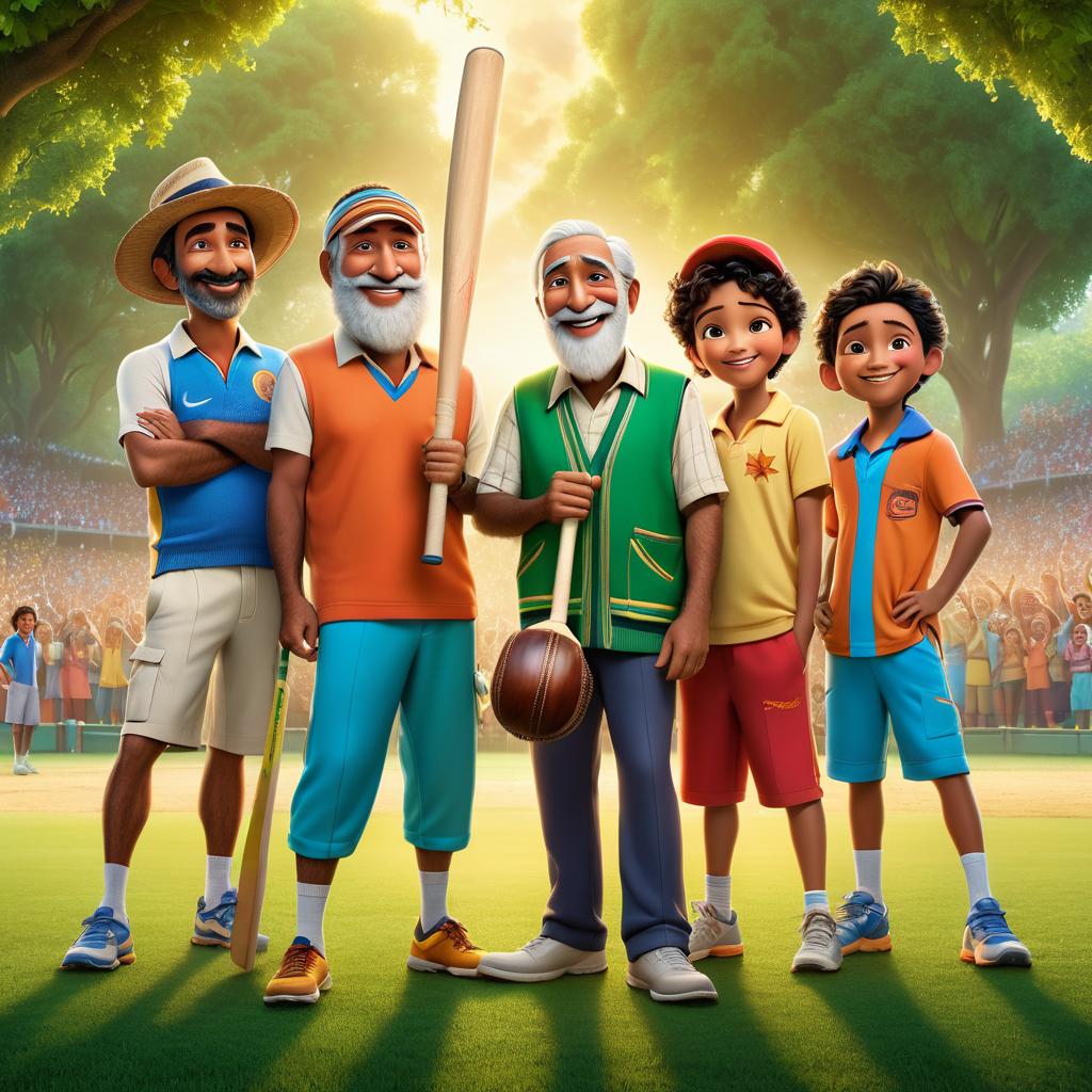  in 3d animated movie style. disney pixar style. osama, 6, with friends ages 5 7, spirited, friendly, in casual wear, and their colorful sportswear, ready for cricket with magical cricket bat and old man in tattered cloak and hat. lush green cricket field, vibrant trees, camaraderie, joyful anticipation. pixar 3d style, vibrant, lively, detailed. bright, soft lights highlight colorful attire, warm ambiance. slightly elevated angle, emphasizes camaraderie and excitement.