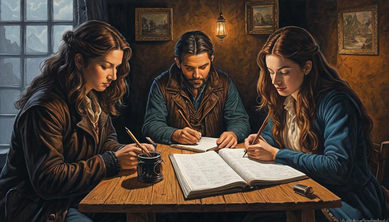  （surrealism)two figures, one closely examining the other, taking notes, background of various personal items hinting at hobbies and interests, spotlight on the observer's actions, inquisitive, observational mystic, intricate details, best quality)