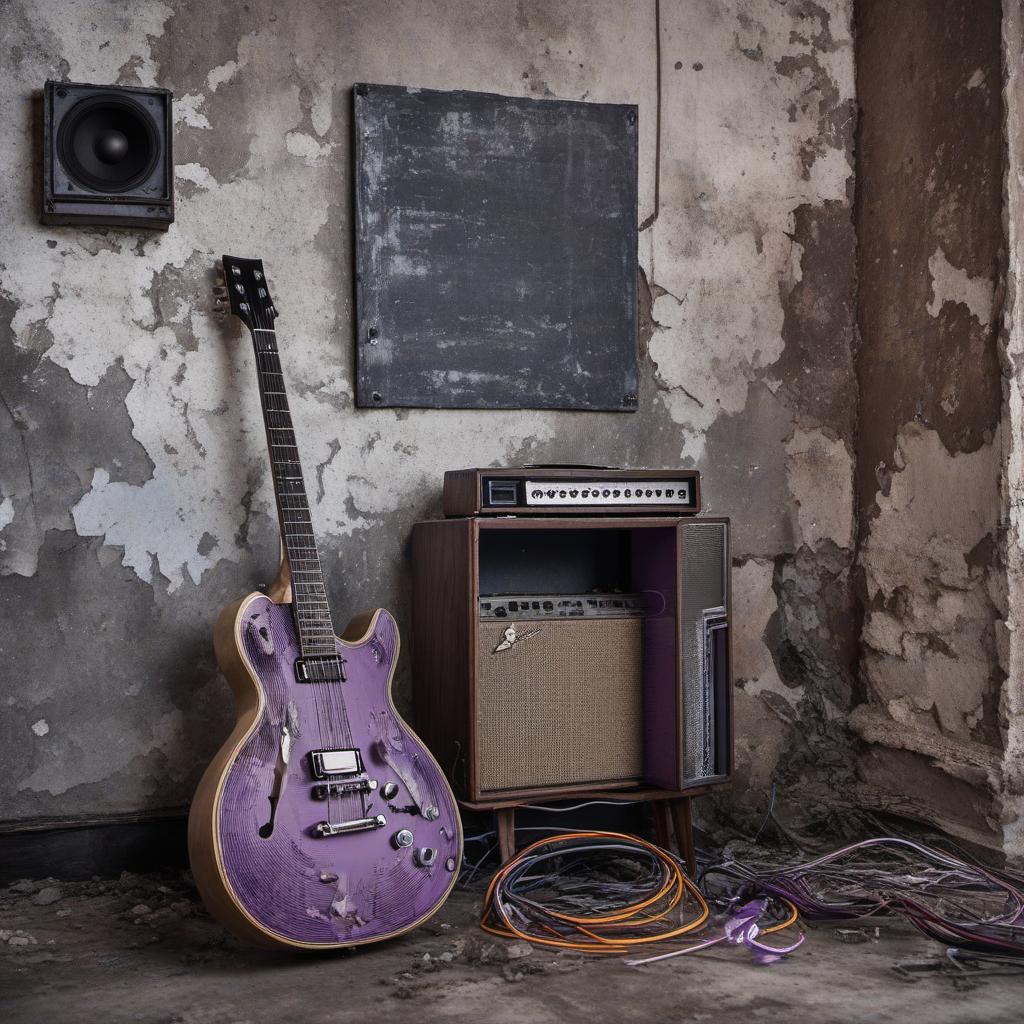  chambre abandonnée en ruine avec une guitare électrique et amplificateur violet , profile image style