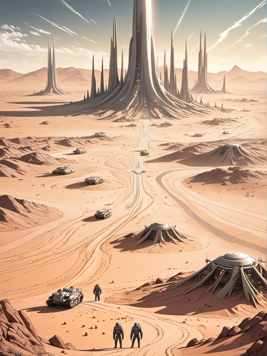  manga artwork create an image of a desert with energy barriers and towers of that barrier in the background, in the distance, and futuristic military bases. manga artist. manga, highly emotional. best quality, high resolution