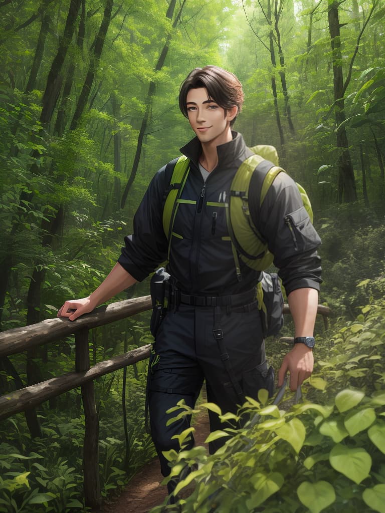  focusing on handsome, cool men, hiking, forest scenery, waist to head, smile, face, masterpiece, best quality,8k,ultra detailed,high resolution,an extremely delicate and beautiful,hyper detail