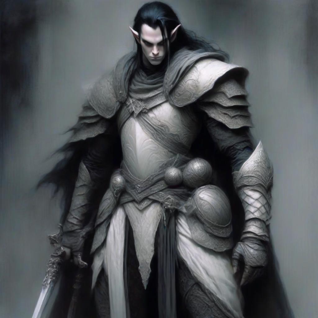  macabre style noble white skinned thin elf thief fighter with black hair, in white leather openwork armor, shoulder pads and elbows, with a sword in hand. full height in a dark room with black columns. . dark, gothic, grim, haunting, highly detailed, perfecteyes, perfect hands