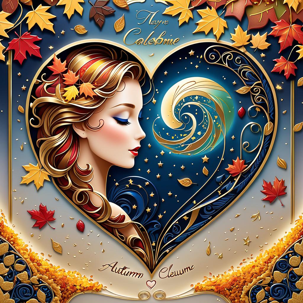  luxury product style on a carpet of yellow leaves in a simple dress of wind given crepe autumn danced a waltz boston in an alleyway. the warm day flew away and the saxophone sang hoarsely. (background of the card): falling autumn leaves, a whirlwind of autumn leaves, wind saxophone, a box of chocolates, the inscription "autumn waltz", a greeting card. (heart), a beautiful figure made of contours in the shape of a heart. (heart colour): night sky background, stars, gold pattern. (style):fantasy, autumn art, autumn romance. (colours):gold, green gold, navy blue, red, red gold, brown gold, silver, golden blue, bluish blue, dark blue on gold . elegant, sophisticated, high end, luxurious, professional, highly detailed