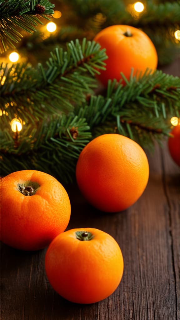  food gourmet photography style, tangerines with spruce branches lie on the table decorated with a garland with small lights ar 9:16, appetizing, professional, culinary, high resolution, commercial, highly detailed ,soft natural lighting, macro details, vibrant colors, fresh ingredients, glistening textures, bokeh background, styled plating, wooden tabletop, garnished, tantalizing, editorial quality