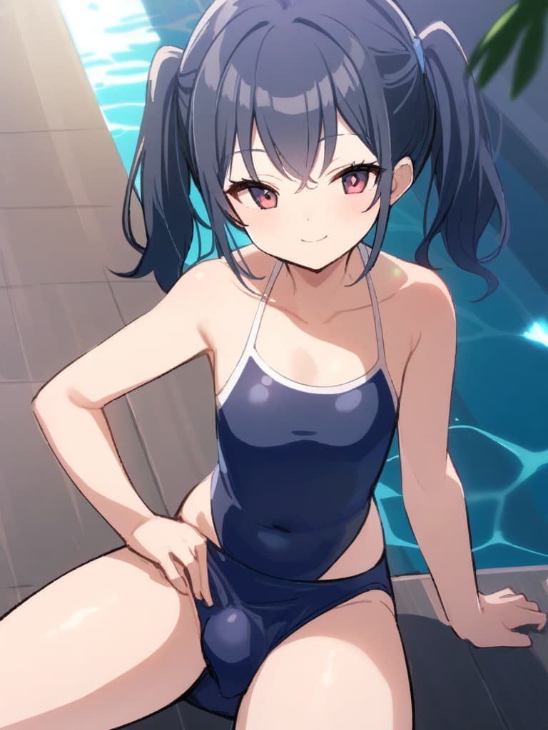  women's elementary students (male), twin tails, cute smiles, (rich s), low stature, dark blue swimwear, old swimwear, , simple (upward), male , (bulge), shaped clear , front , whole body, pool side,