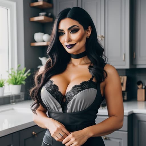 Pretty latina and caucasian mix 30 year old woman, standing in very large wealthy kitchen with gray cabinets and 2023 style design, shabby shiek, bright with marbel counter tops, she has a goth makeup style and hair style, and is smiling, with a level of revenge on her face. hyperrealistic, full body, detailed clothing, highly detailed, cinematic lighting, stunningly beautiful, intricate, sharp focus, f/1. 8, 85mm, (centered image composition), (professionally color graded), ((bright soft diffused light)), volumetric fog, trending on instagram, trending on tumblr, HDR 4K, 8K