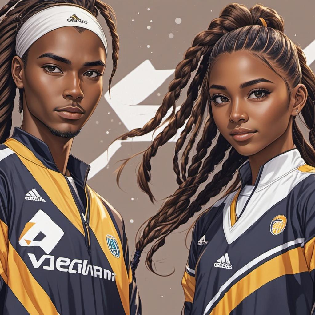  create 2 young cartoon book volleyball players. one is african with long braids. the other is white with long ponytail. brown hair. brown eyes , comic style, manga and manhwa style, painting style