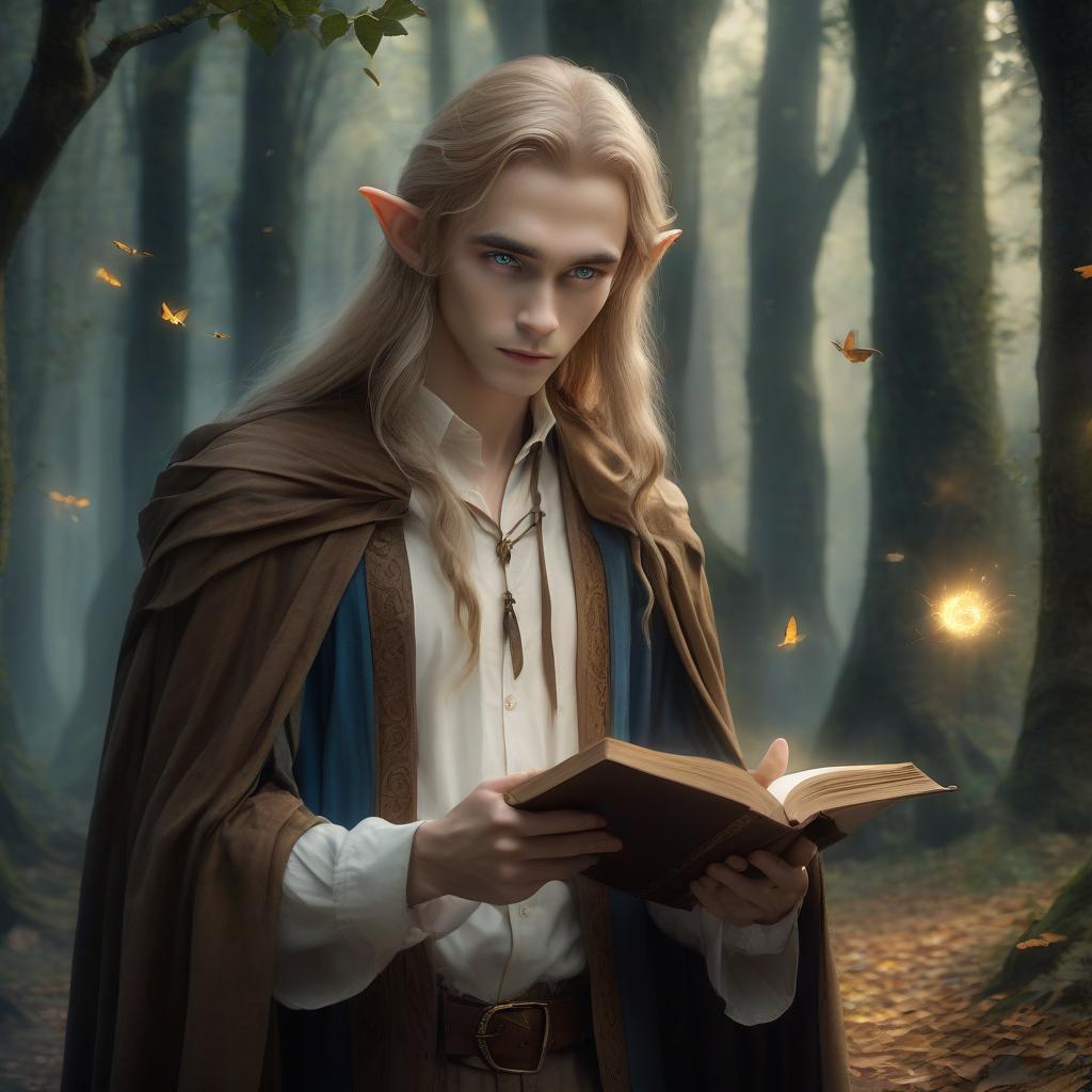  very beautiful short and slender elf with light skin, long straw hair and blue eyes, dressed in a white shirt and brown pants, a brown cloak hangs on his shoulders, magic holds an open book, a pen with ink flies next to it, a gloomy forest, hkmagic