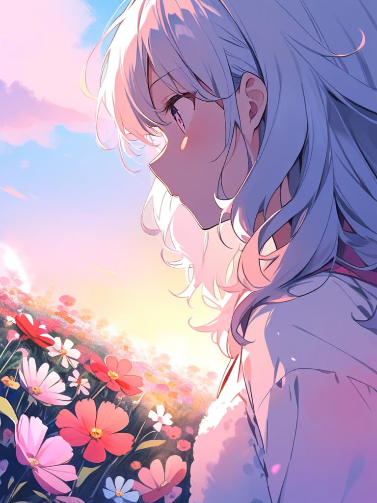  masterpiece,(pastel watercolor style with pink,light blue and white:1.5),(cosmos blooming meadow:1.5),(super beautiful girl),(long fluffy hair:1.7),,profile,sunset,high quality,8k