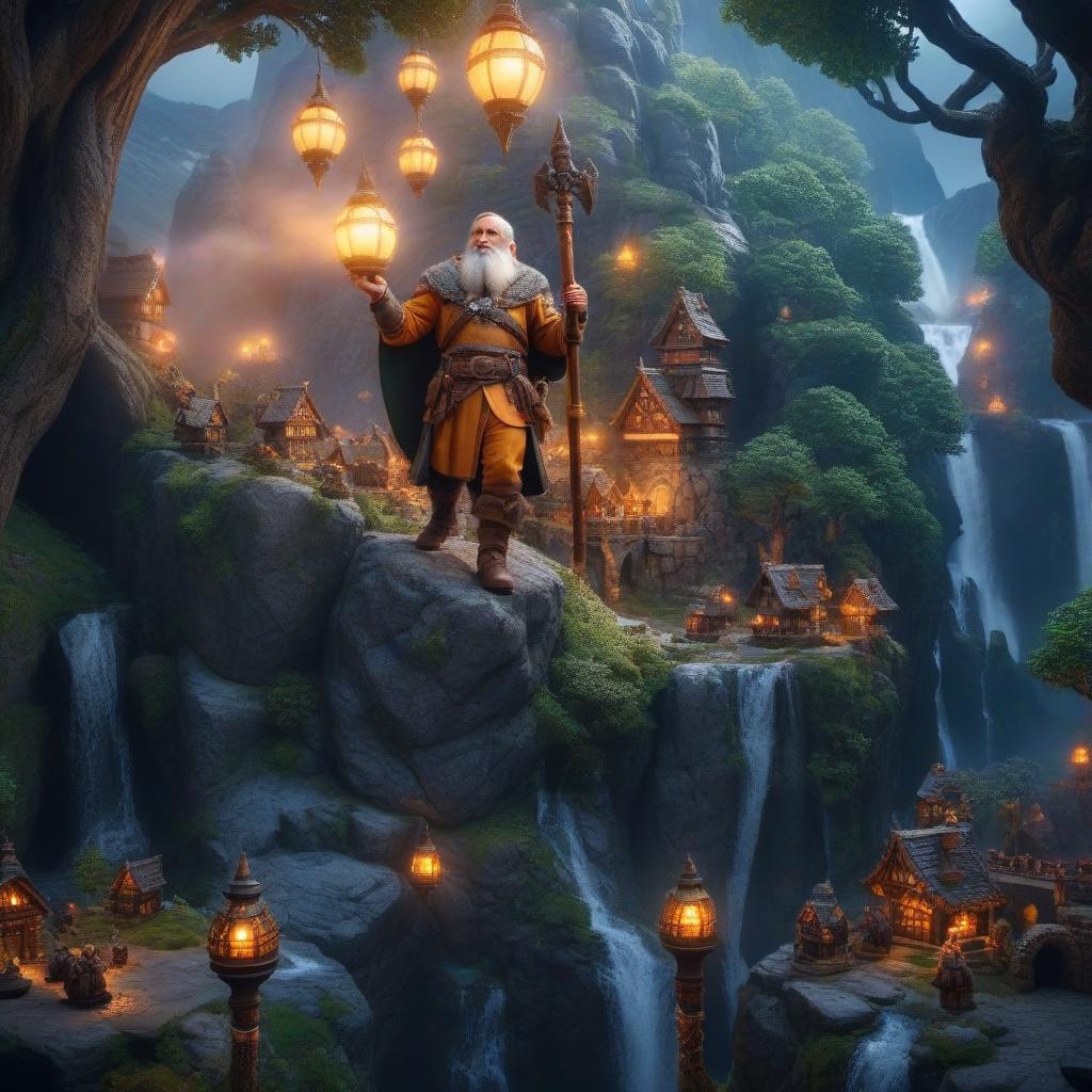  The Land of the Dwarves hyperrealistic, full body, detailed clothing, highly detailed, cinematic lighting, stunningly beautiful, intricate, sharp focus, f/1. 8, 85mm, (centered image composition), (professionally color graded), ((bright soft diffused light)), volumetric fog, trending on instagram, trending on tumblr, HDR 4K, 8K