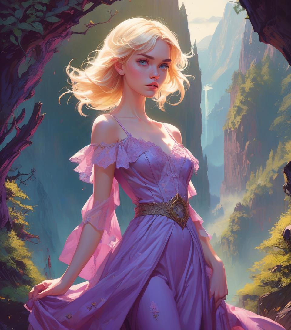  highly detailed fantasy book cover of a pale blonde young maiden looking away, slender, beautiful, freckles, purple pink chaotic magic, intricate gauzy lacy victorian regency gown, bright vibrant detailed expansive backdrop of mountain and forest, elf fae, perfect composition, realistic face, intricate details, frank frazetta, alphonse mucha, character design, dynamic post, action pose, wlop, kuvshinov, unique, 4k, digital painting, vibrant color grading, epic fantasy, dramatic angle, extreme angle shot