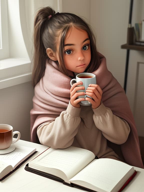  a girl with a blanket sits in a cozy room, next to a mug of hot tea, a notebook and a pen