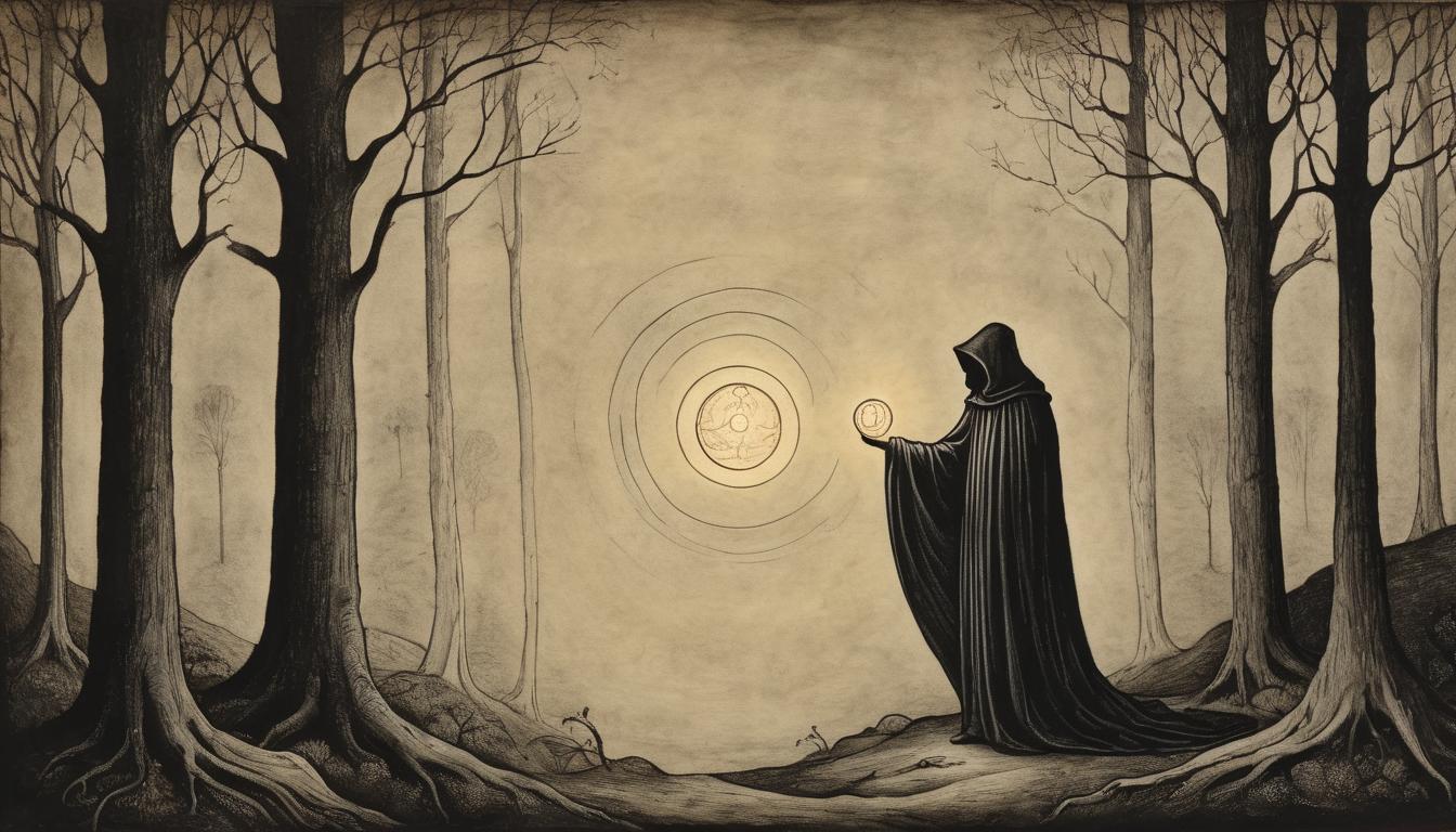  on parchment, surrealism++, mysterious figure in a cloak, holding a glowing orb, standing in a dark forest, sense of newfound power(mysterious, provocative, symbolic)++