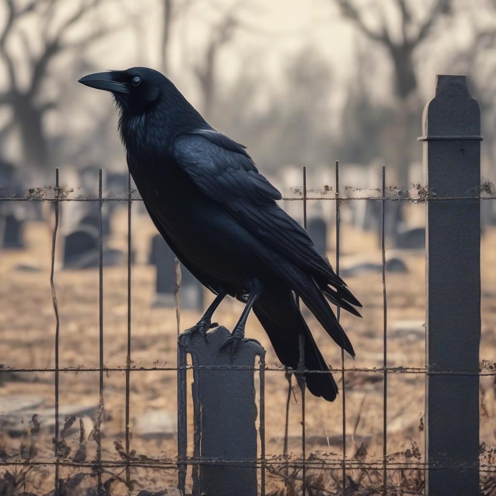  a sad crow sits on the fence of a ruined cemetery.