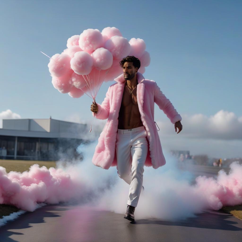  cinematic photo a man in a fluffy pink coat runs across a cloud of sweet cotton candy . 35mm photograph, film, bokeh, professional, 4k, highly detailed, sticker hyperrealistic, full body, detailed clothing, highly detailed, cinematic lighting, stunningly beautiful, intricate, sharp focus, f/1. 8, 85mm, (centered image composition), (professionally color graded), ((bright soft diffused light)), volumetric fog, trending on instagram, trending on tumblr, HDR 4K, 8K