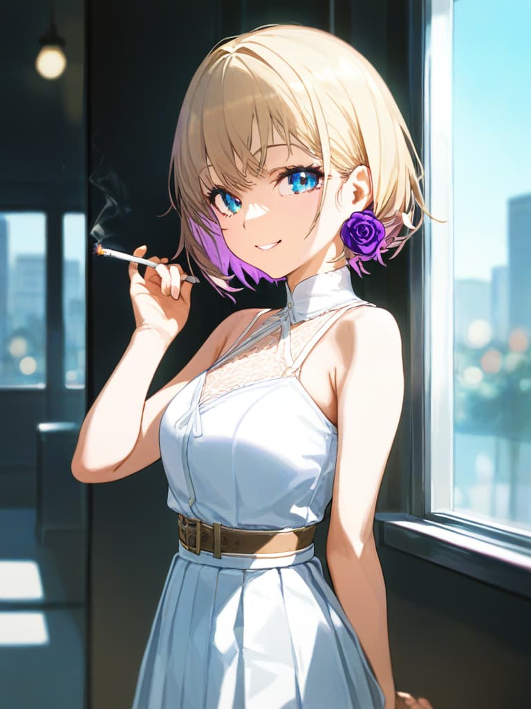  headphones, whole body, blue eyes, blonde bob cut s, white pleated s, white sailor uniforms, s who smoke spider nest on the left arm, with purple rose on the left , a cigarette, smiling, masterpiece, best quality,8k,ultra detailed,high resolution,an extremely delicate and beautiful,hyper detail